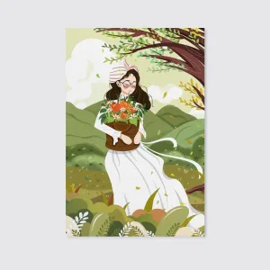 Beautiful Girl White Dress Holding Basket Canvas Wall Art Home Decor