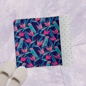 Uniquely Colored Flowers And Parrots In The Rainforest Bath Mat