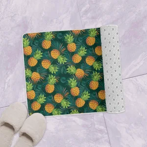 Pineapple And Palm Leaves On A Tropical Background Bath Mat