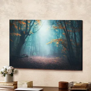 Beautiful Mystical Forest Blue Fog Autumn Wall Art Canvas