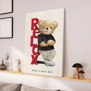 Bear Doll Leaning Against Relax Slogan Canvas Wall Art Home Decor