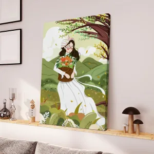 Beautiful Girl White Dress Holding Basket Canvas Wall Art Home Decor