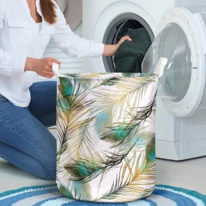 Imprints Peacock Feathers Hand Painted Seamless Laundry Basket