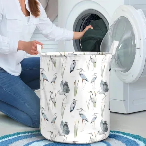 Watercolor Seamless Pattern Reeds Herons Storks Laundry Basket