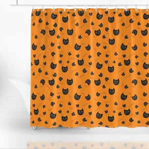 The Black Cat With Yellow Eyes And The Fish Skull On The Orange Shower Curtain