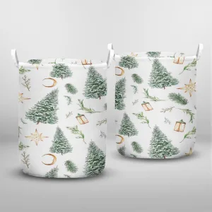 Watercolor Christmas Tree Seamless Pattern Holiday Laundry Basket