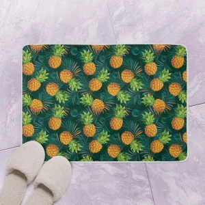 Pineapple And Palm Leaves On A Tropical Background Bath Mat