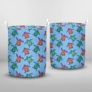 Vector Seamless Pattern Ocean Turtles Blue Laundry Basket