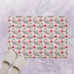 Seamless Pattern With Cartoon Koala Bear, Strawberry, Flower And Leaf Design On Light Pink Bath Mat