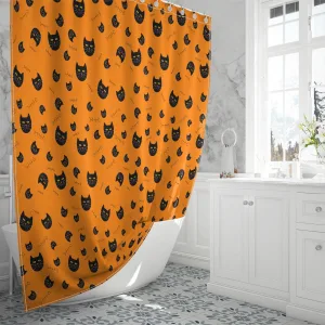 The Black Cat With Yellow Eyes And The Fish Skull On The Orange Shower Curtain