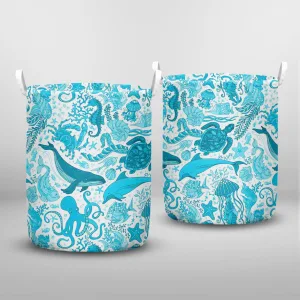 Vector Seamless Pattern Ocean Turtles Blue Laundry Basket