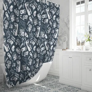 Vintage Monochrome Video Game Seamless Pattern Shower Curtain