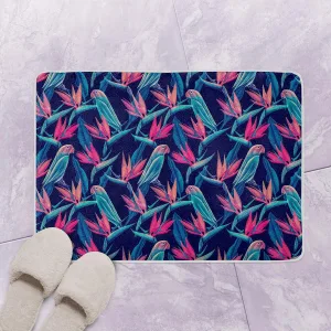 Uniquely Colored Flowers And Parrots In The Rainforest Bath Mat