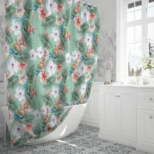 Bright Seamless Pattern Parrots Flowers Hibiscus Shower Curtain