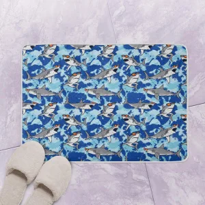 Sharks Wearing Orange Sunglasses Hunt In The Blue Sea Bath Mat